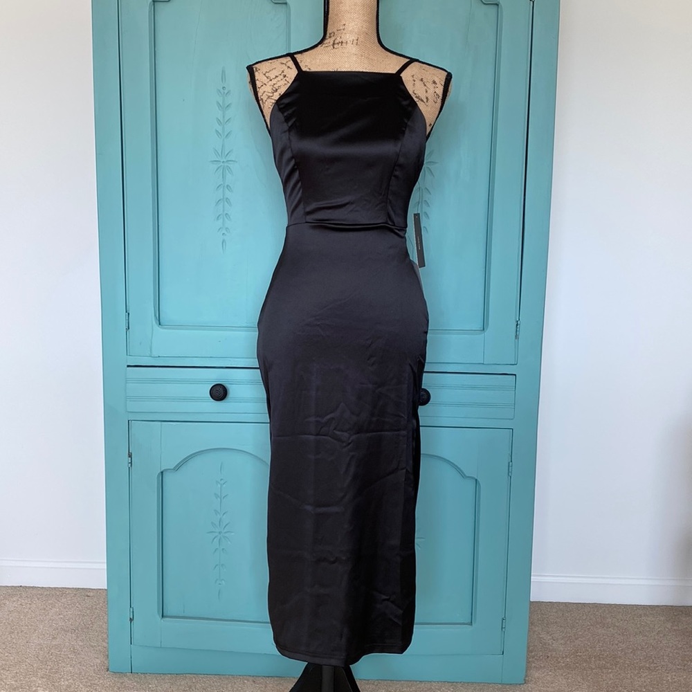 Lulu’s Black Formal Cocktail Dress. Side Slits. Square Neck with Straps. XS